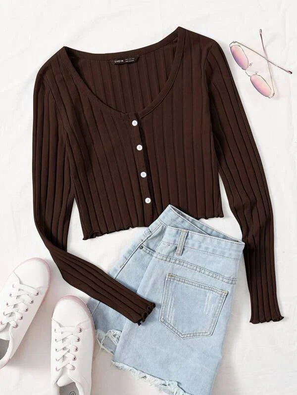 Shein Button Front Rib-knit Lettuce Trim Tee - Image 3