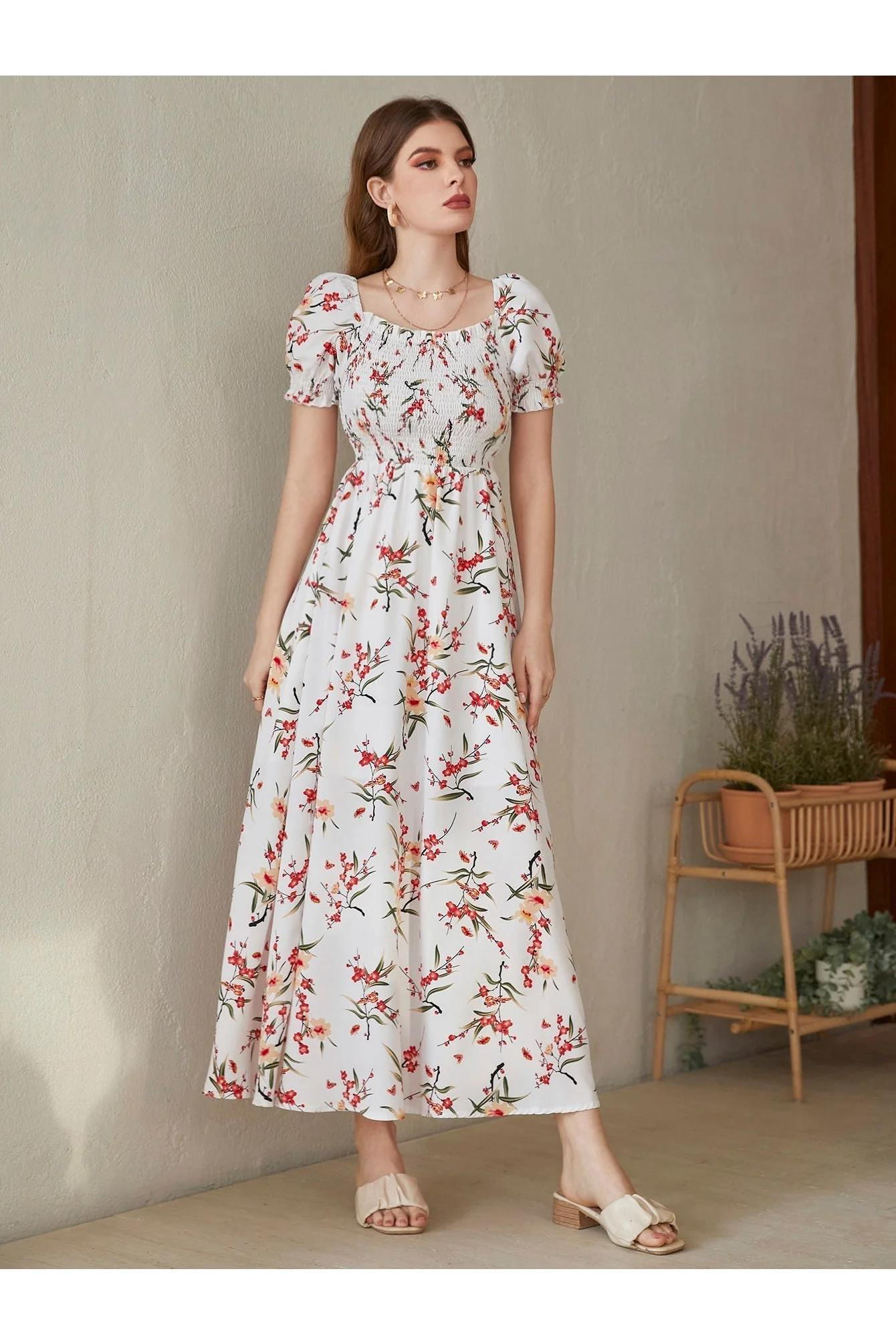 Shein Floral Square Neck Shirred A-line Dress - Large - Image 4