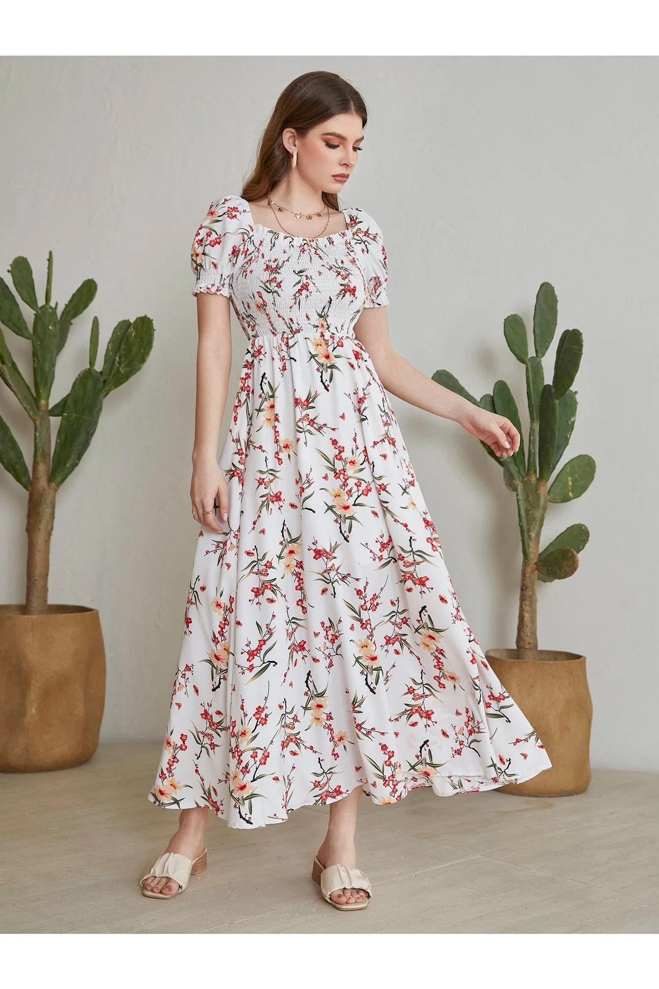 Shein Floral Square Neck Shirred A-line Dress - Large - Image 6