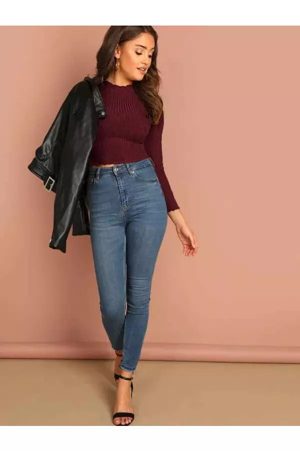 Shein Lettuce Trim Solid Crop Tee - Extra Small Maroon - Image 4