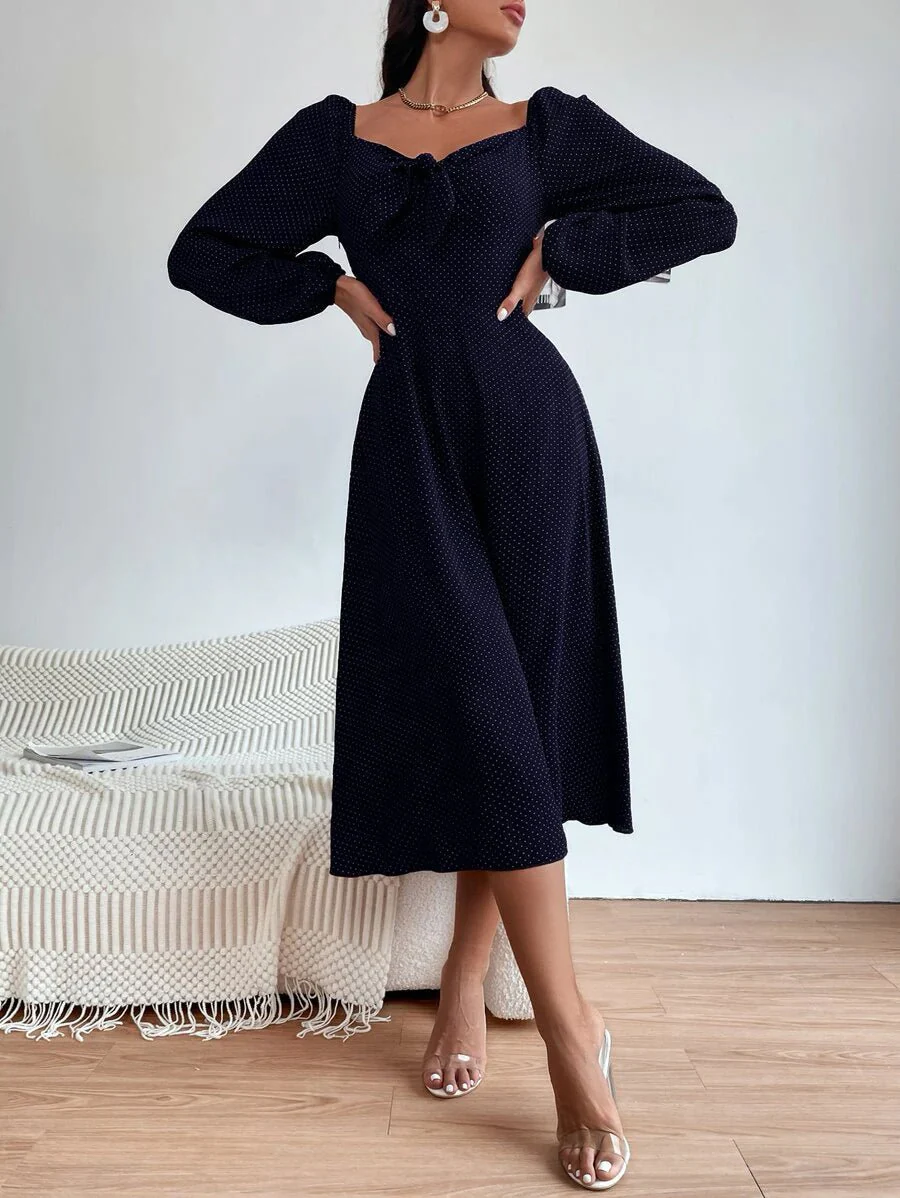 Shein Polka Dot Print Knot Front Lantern Sleeve Dress - Image 4