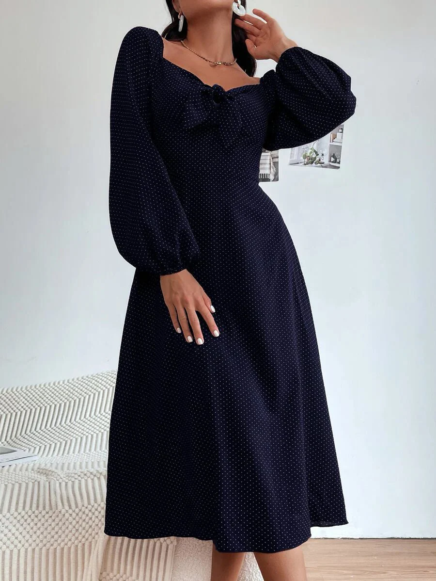 Shein Polka Dot Print Knot Front Lantern Sleeve Dress - Image 5