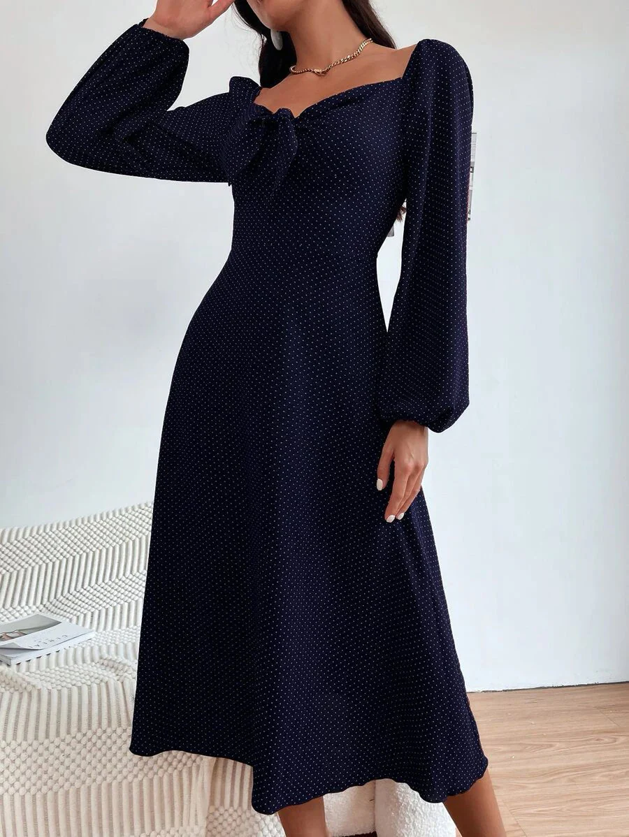 Shein Polka Dot Print Knot Front Lantern Sleeve Dress - Image 6